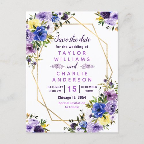 Floral Spring Purple Yellow Save The Date Postcard