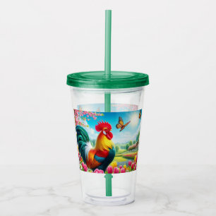 Floral/spring rooster/chicken artwork acrylic tumbler