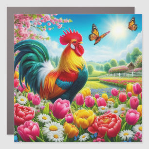 Floral/spring rooster/chicken artwork car magnet