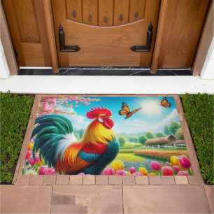 Floral/spring rooster/chicken artwork doormat