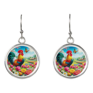 Floral/spring rooster/chicken artwork  earrings