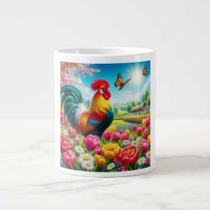 Floral/spring rooster/chicken artwork giant coffee mug