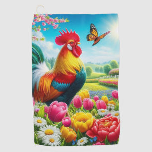 Floral/spring rooster/chicken artwork golf towel
