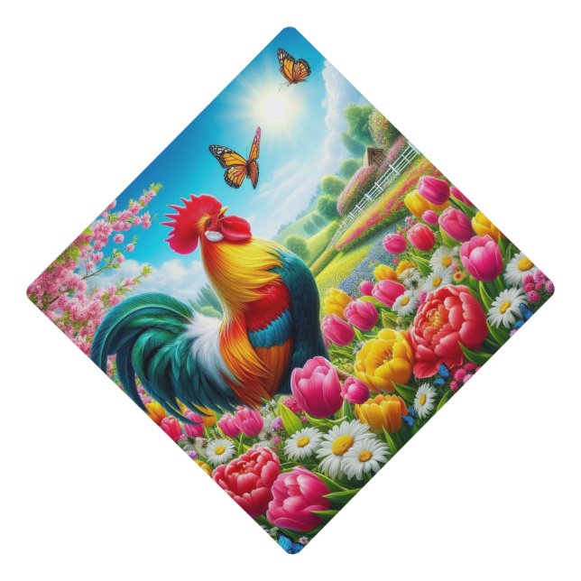 Floral/spring rooster/chicken artwork  graduation cap topper (Front)
