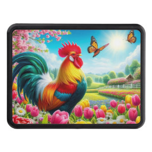 Floral/spring rooster/chicken artwork hitch cover