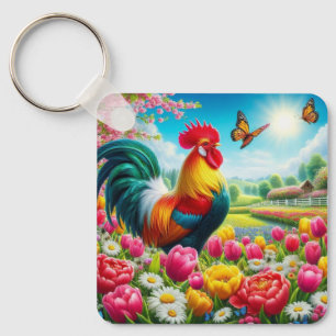 Floral/spring rooster/chicken artwork  keychain