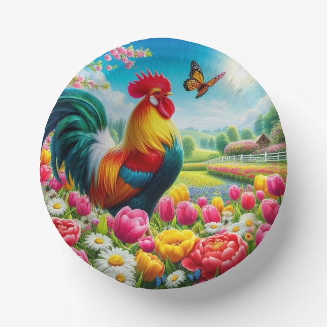 Floral/spring rooster/chicken artwork  paper bowls (Front)