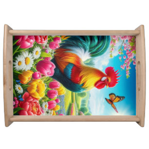 Floral/spring rooster/chicken artwork serving tray