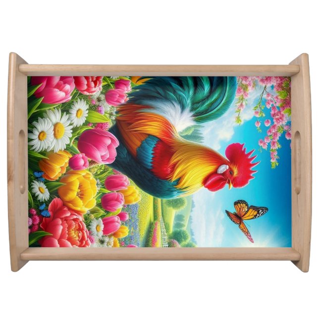 Floral/spring rooster/chicken artwork  serving tray (Front)