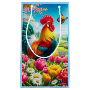 Floral/spring rooster/chicken artwork small gift bag