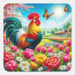 Floral/spring rooster/chicken artwork square sticker