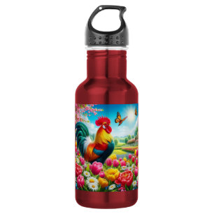 Floral/spring rooster/chicken artwork stainless steel water bottle
