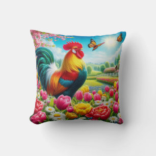 Floral/spring rooster/chicken artwork throw pillow