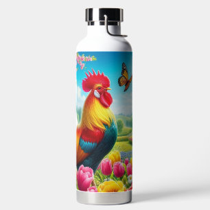 Floral/spring rooster/chicken artwork  water bottle