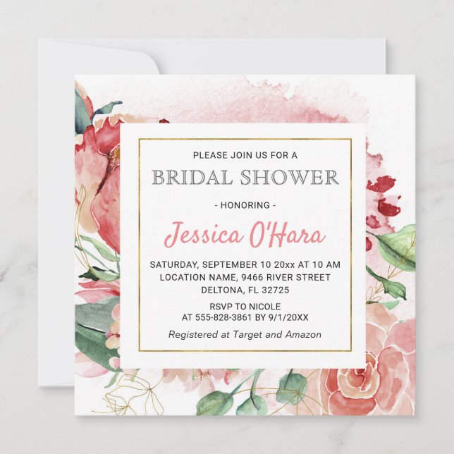 Floral Spring Roses Bridal Shower Watercolor Peony Invitation (Front)