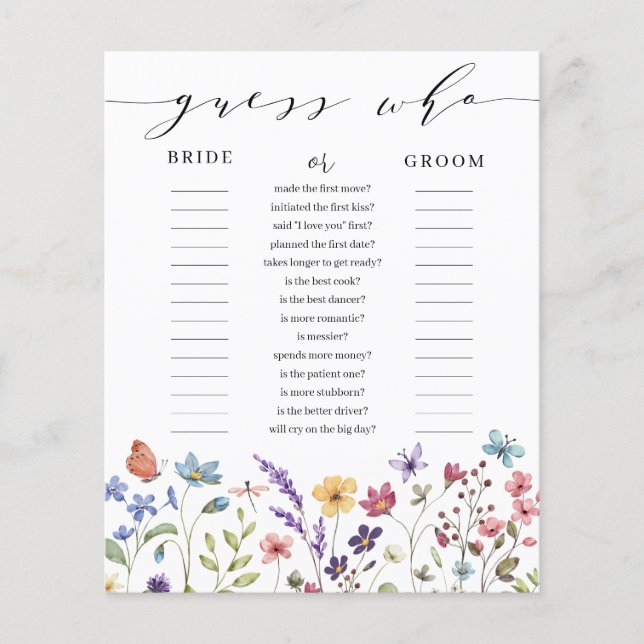 Floral Spring Summer Guess Who Bridal Shower Game (Front)