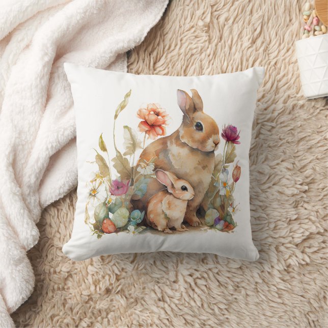 Floral Spring Watercolor Easter Bunny Rabbit Throw Pillow (Blanket)