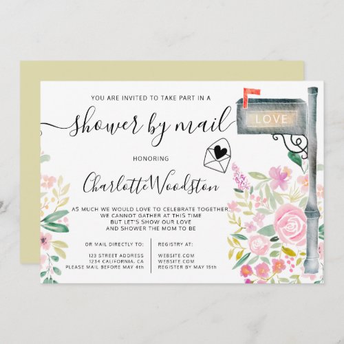 Floral spring watercolor script shower by mail invitation