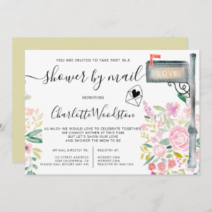 Floral spring watercolor script shower by mail invitation