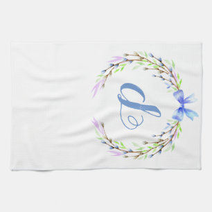 Floral Spring Wreath Custom Monogram Easter Gift Kitchen Towel