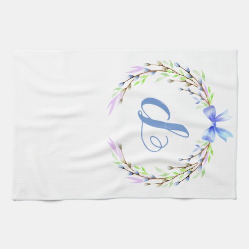 Floral Spring Wreath Custom Monogram Easter Gift Kitchen Towel