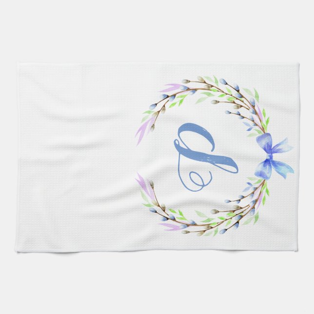 Floral Spring Wreath Custom Monogram Easter Gift Kitchen Towel (Horizontal)