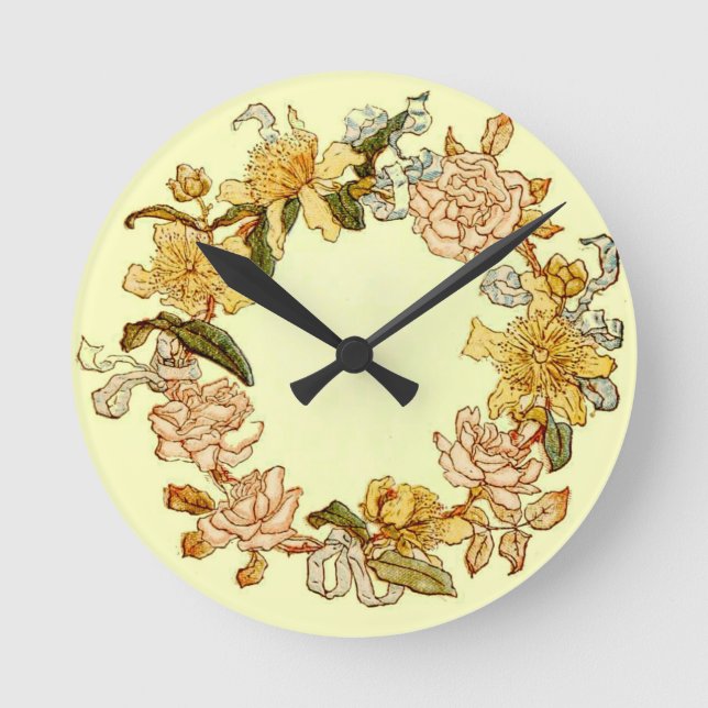 Floral Spring Wreath Flower Pink Flowers Art Round Clock (Front)