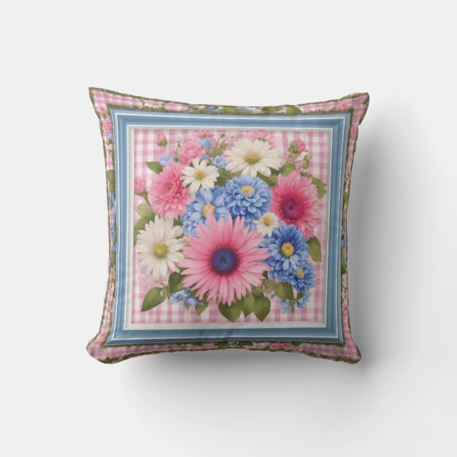 Floral Square Seamless Pattern with Pink Gingham B Throw Pillow (Front)