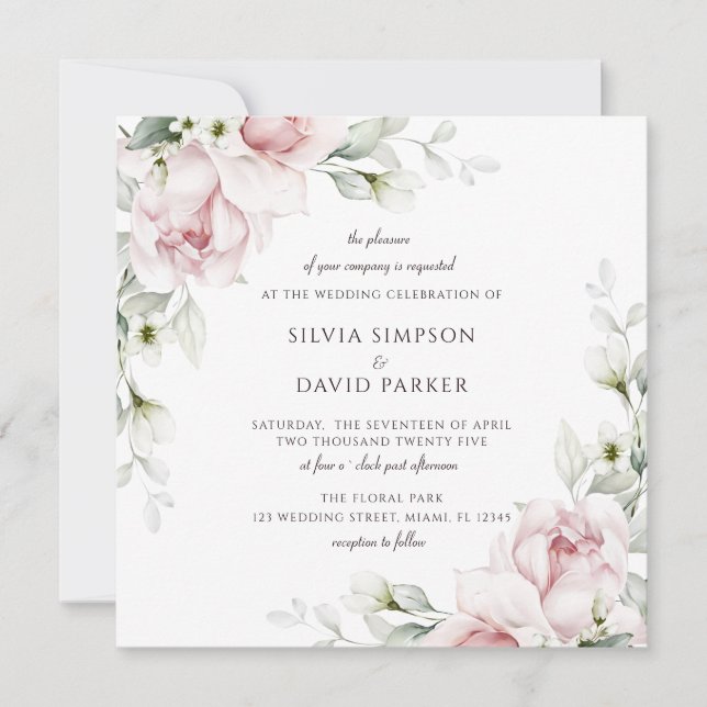 Floral Square | Watercolor Pink Roses  Invitation (Front)