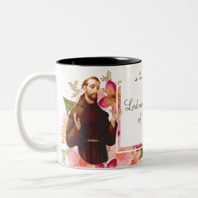 Floral St. Francis of Assisi Quote Two-Tone Coffee Mug (Left)