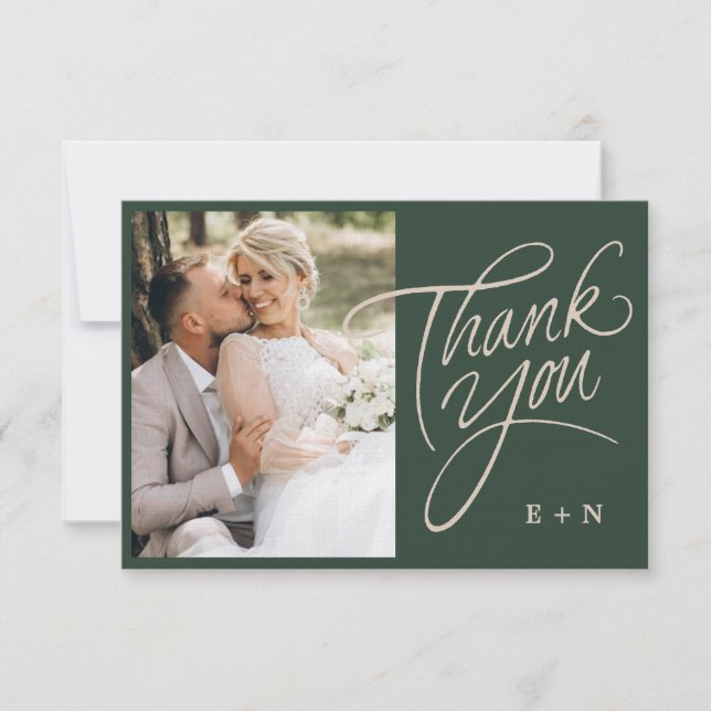 Floral Stacked Monogram Initials Script Wedding Thank You Card (Front)