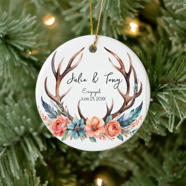 Floral Stag Antler Couple Wedding or Engagement  Ceramic Ornament (Tree)