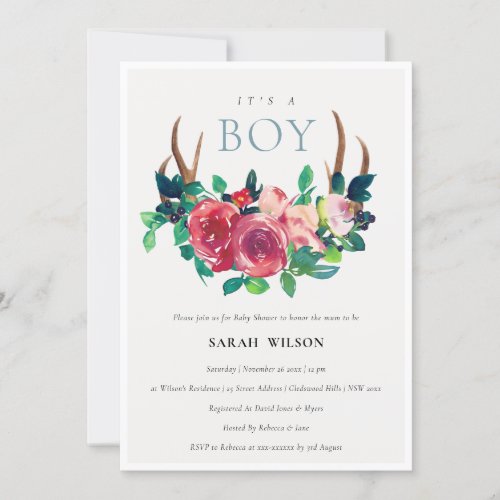 Floral Stag Antlers Its a Boy Baby Shower Invite