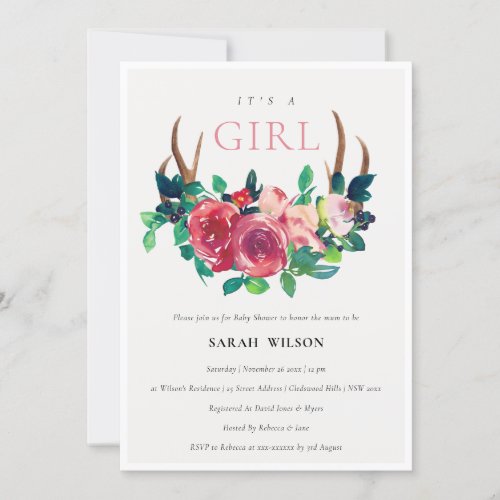 Floral Stag Antlers Its a Girl Baby Shower Invite