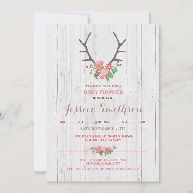 Floral Stag Rustic Flowers Baby Shower Invitation (Front)