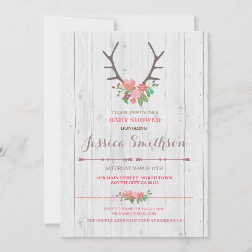 Floral Stag Rustic Flowers Baby Shower Invitation