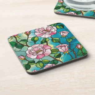Floral Stained Glass Effect Pink Flowers Botanical Beverage Coaster