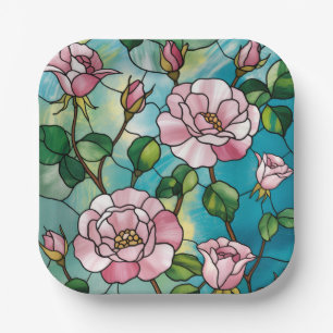Floral Stained Glass Effect Pink Flowers Botanical Paper Plates