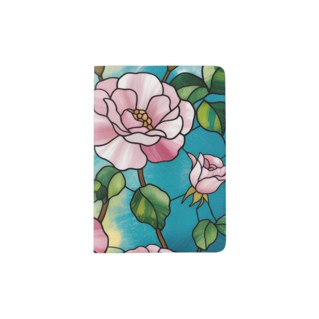 Floral Stained Glass Effect Pink Flowers Botanical Passport Holder (Front)