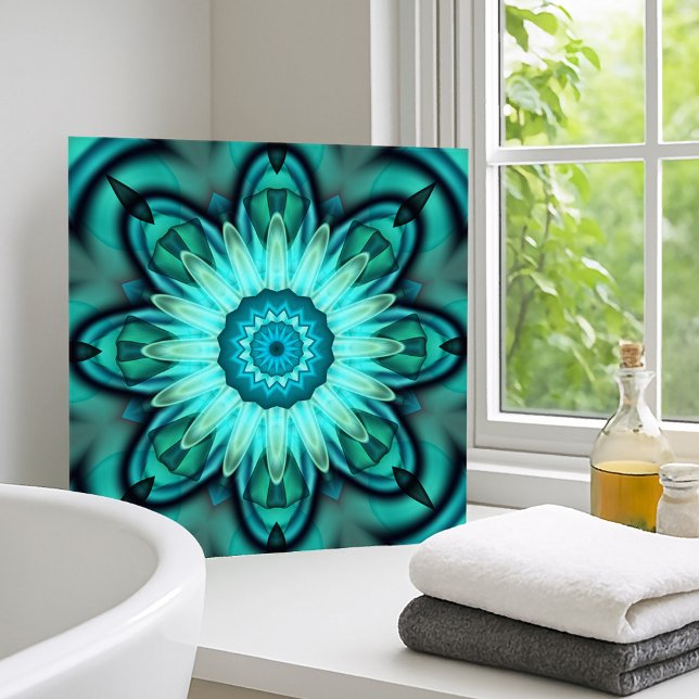 Floral Star Abstract Geometric Turquoise Teal Tile (Ceramic bathroom tile with an original abstract fractal design in turquoise blue, green and teal)
