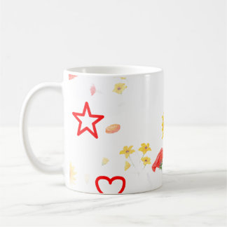 Floral Star & Heart Mug – Bright Sunflower & Red 