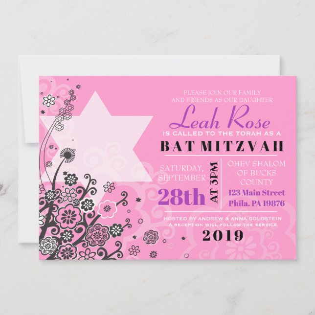 Floral Star of David Bat Mitzvah Invitation Pink (Front)