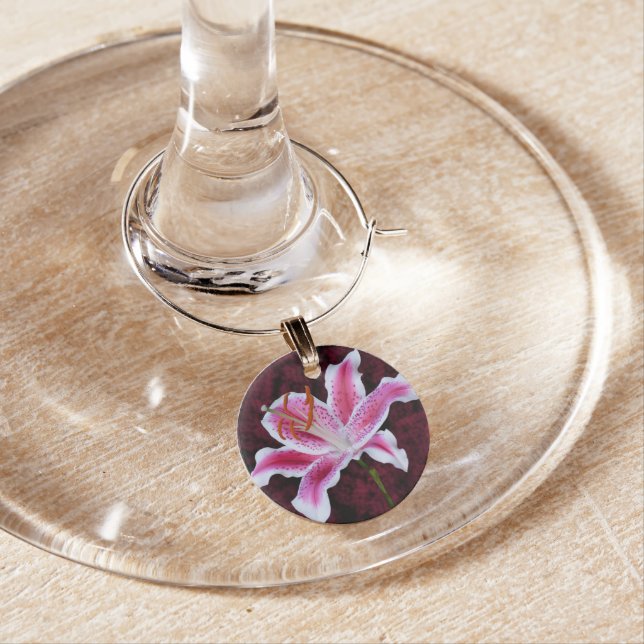 Floral Stargazer Lily Close-Up Photograph Wine Charm (In Situ)