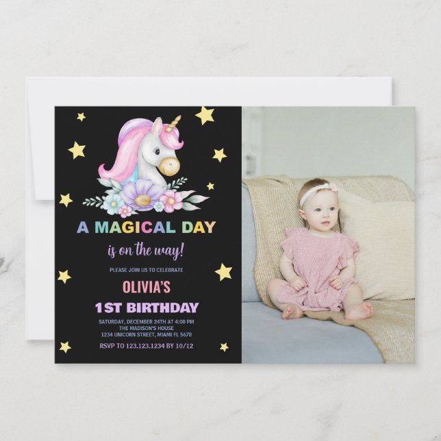 Floral Stars Unicorns Birthday Invitations photo (Front)