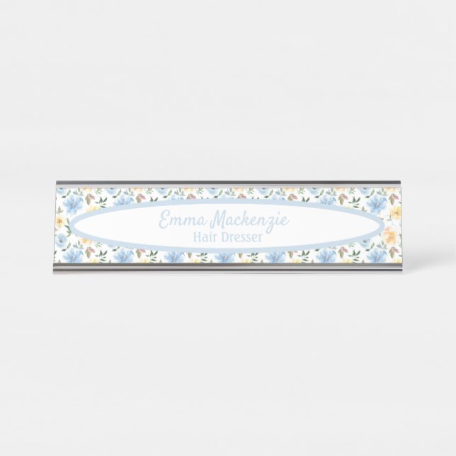 Floral Station Blue Yellow Flowers Desk Sign (Front)