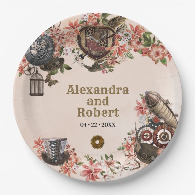 Floral Steampunk Party Paper Plates (Front)
