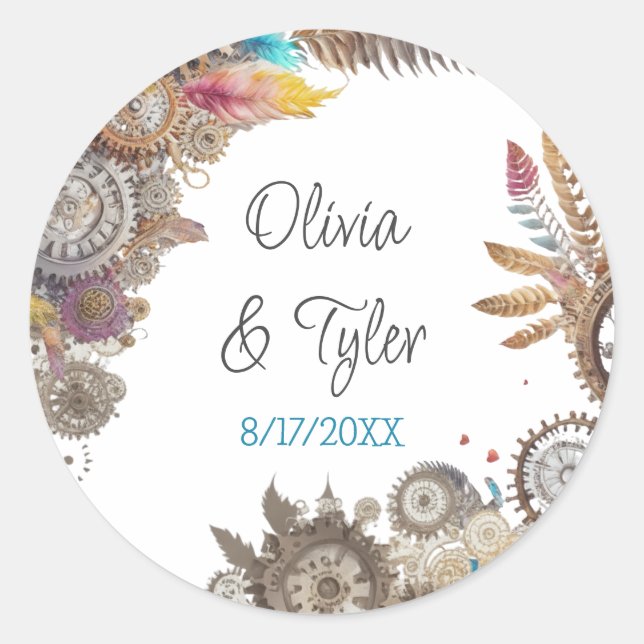 Floral Steampunk Wedding Date and Names Classic Round Sticker (Front)