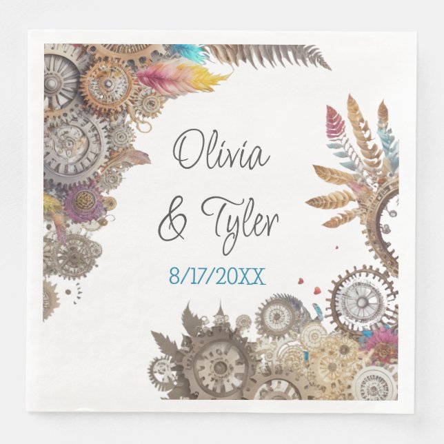 Floral Steampunk Wedding Date and Names Paper Dinner Napkins (Front)