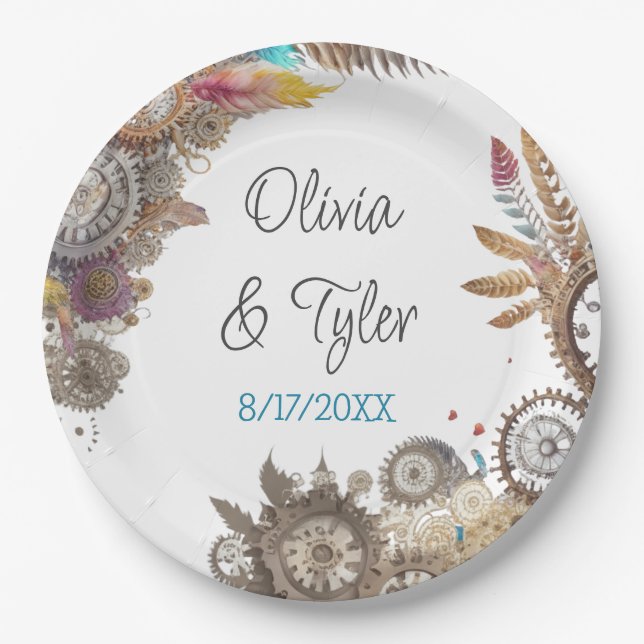 Floral Steampunk Wedding Date and Names Paper Plates (Front)