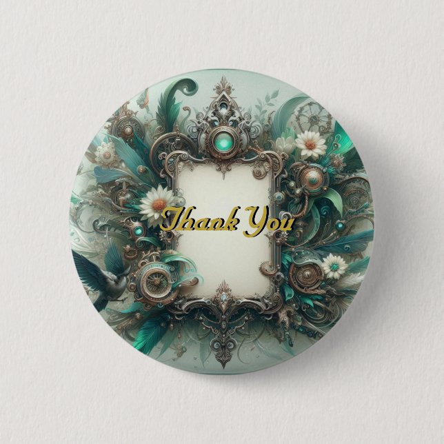 Floral Steampunk Wedding Green and Silver Button (Front)